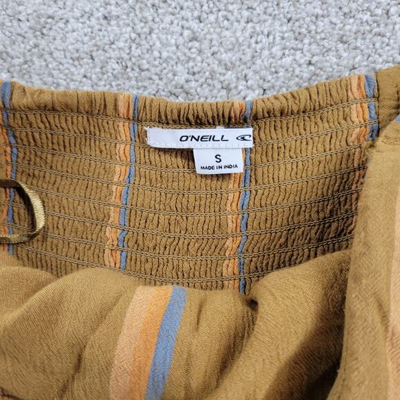 O'Neill Lahaloo Striped Jumpsuit Womens S Gold Strapless Smocked Bandeau Boho - Picture 2 of 12